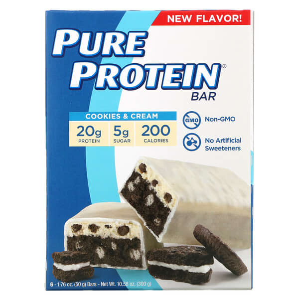 Pure Protein, Protein Bar, Cookies & Cream, 6 Bars, 1.76 oz (50 g) Each