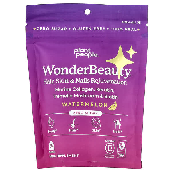 Plant People, WonderBeauty®，頭髮、皮膚和指甲煥活軟糖，西瓜味，60 粒