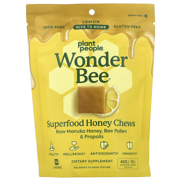 Plant People, wonderBee®, 슈퍼 푸드 꿀 츄, 레몬, MGO 400+, 츄 30개