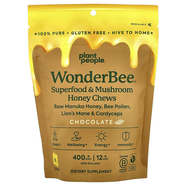 Plant People, WonderBee® SuperFood 和蘑菇蜂蜜咀嚼片，巧克力味，30 粒