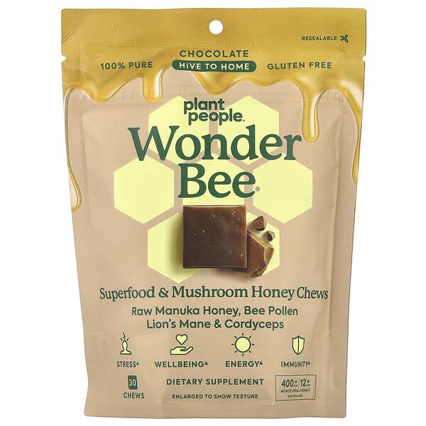 Plant People, WonderBee®, 슈퍼 푸드 및 버섯 꿀 츄, 초콜릿 맛, 츄 30개