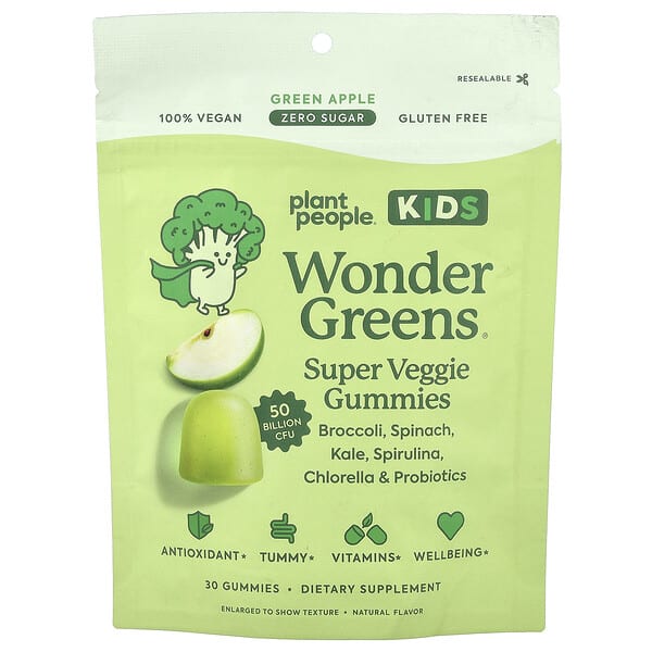 Plant People, 어린이용 WonderGreens®, 슈퍼 베지 구미젤리, 그린 애플, 구미젤리 30개