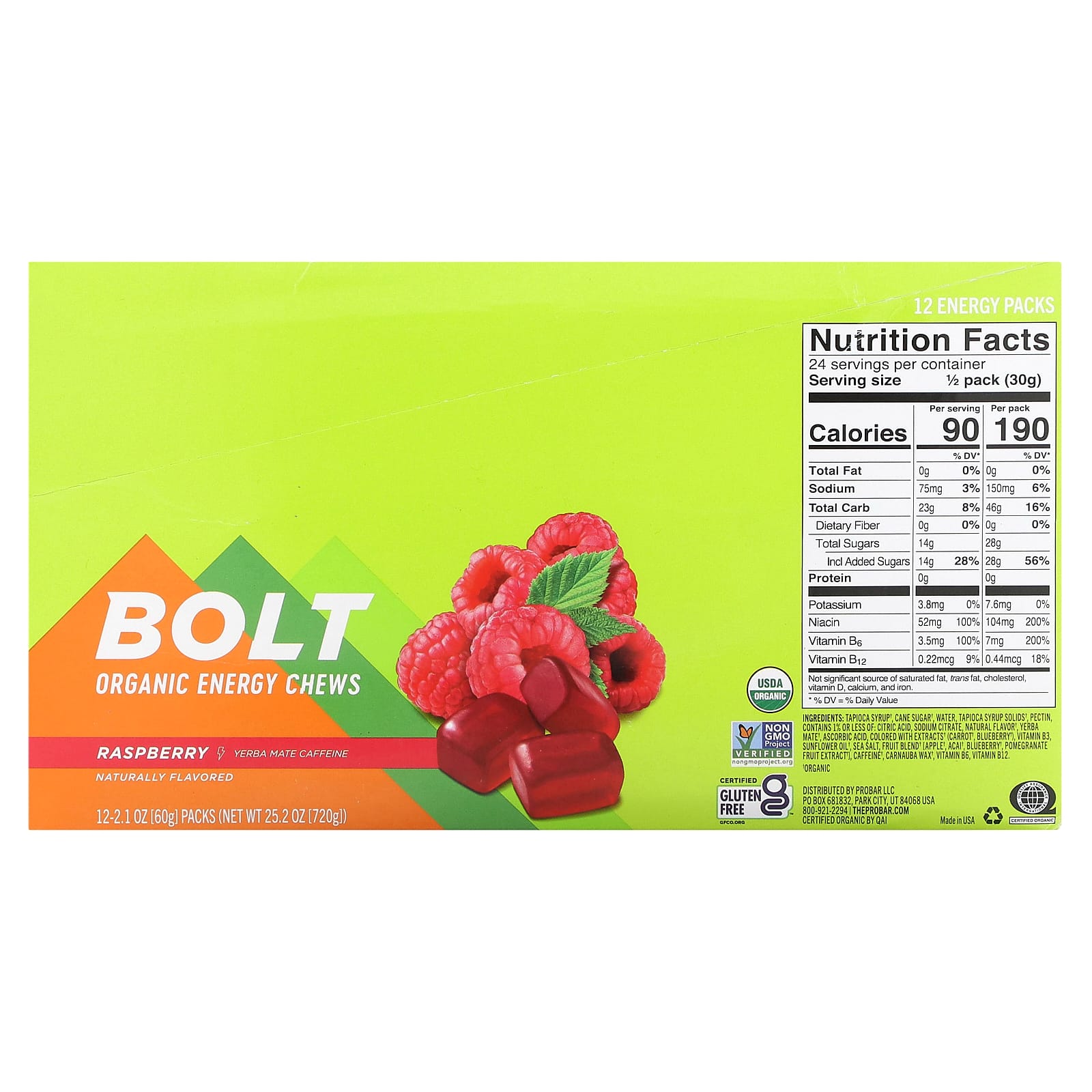 ProBar, Bolt, Organic Energy Chews, Raspberry, 12 Packs, 2.1 Oz (60 G) Each