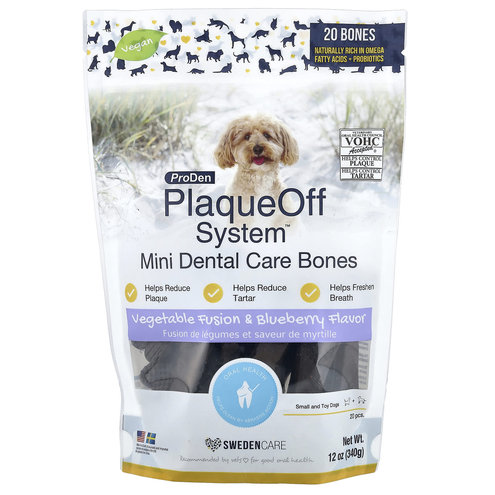ProDen (프로덴), Plaque Off System™, 미니 덴탈 케어 본, 소형 및 초소형 반려견용, 퓨전 채소 & 블루베리 맛, 뼈 20개, 340g(12oz)