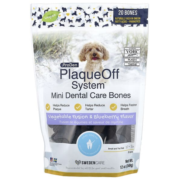 ProDen (프로덴), Plaque Off System™, 미니 덴탈 케어 본, 소형 및 초소형 반려견용, 퓨전 채소 & 블루베리 맛, 뼈 20개, 340g(12oz)
