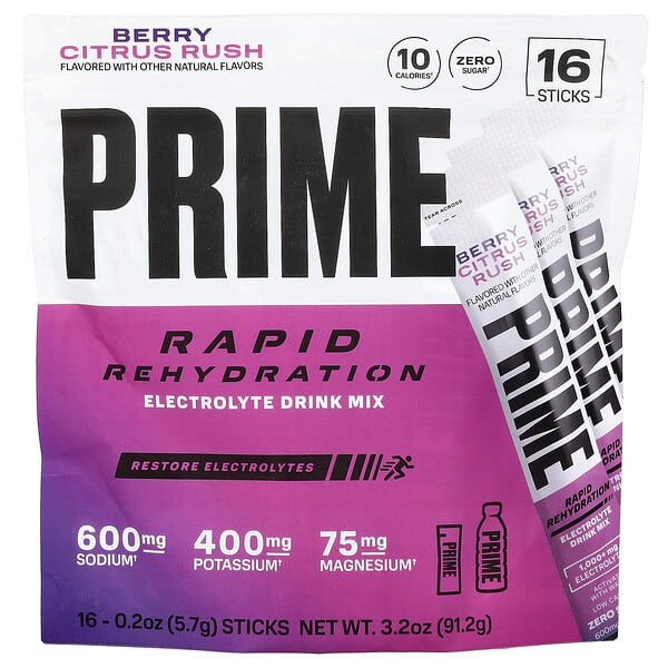 Prime Hydration‏, معالجة الجفاف السريع ، مزيج شراب إلكتروليت ، مزيج التوت والحمضيات ، 16 كيسًا ، 0.2 أونصة (5.7 جم) لكل كيس