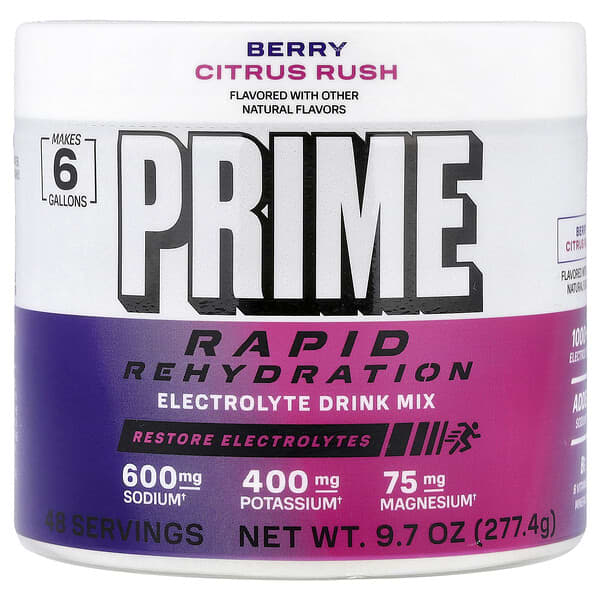 Prime Hydration, 빠른 수분 보충, 전해질 드링크 믹스, 베리 시트러스 러쉬, 277.4g(9.7oz)