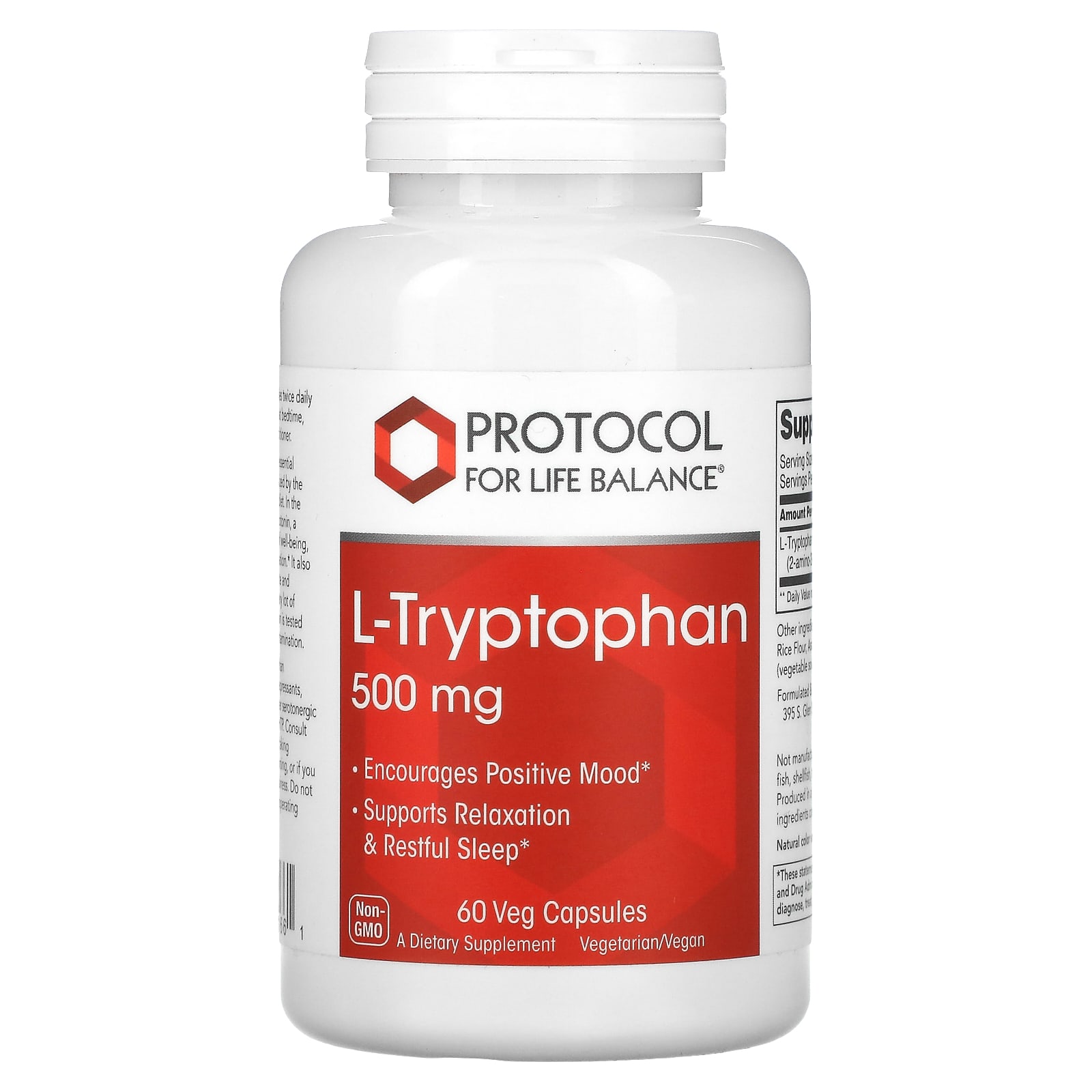 Protocol for Life Balance, LTryptophan, 500 mg, 60 Veg Capsules