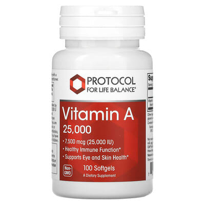Protocol for Life Balance, Vitamin A, 7,500 mcg (25,000 IU), 100 soft gels