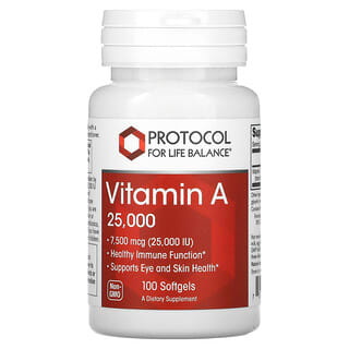 Protocol for Life Balance, Vitamina A, 7500 mcg (25000 UI), 100 cápsulas blandas