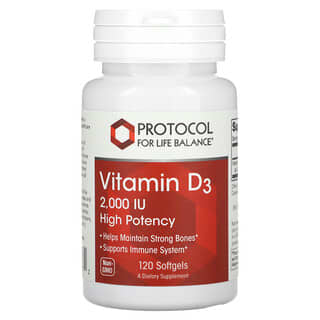 Protocol for Life Balance, Vitamine D3, haute efficacité, 2000 UI, 120 capsules à enveloppe molle