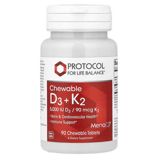 Protocol for Life Balance, Vitaminas D3 y K2 masticables, 90 comprimidos masticables