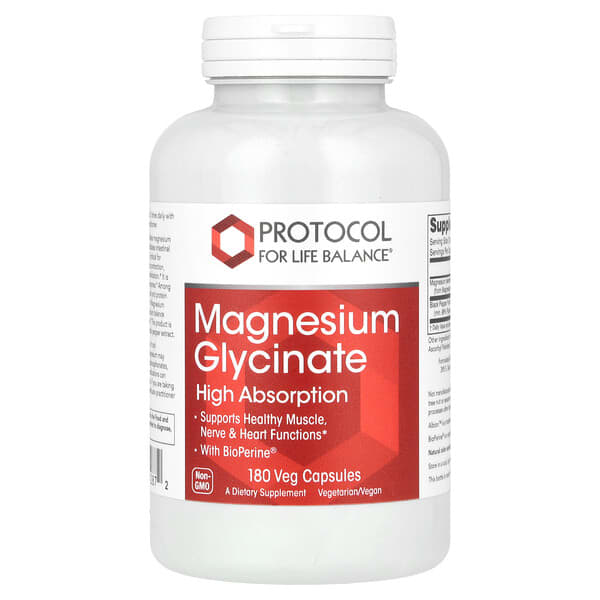 Protocol For Life Balance Magnesium Glycinate, High Absorption, 180 Veg Capsules