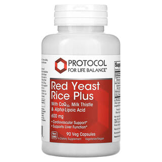 Protocol for Life Balance, Riso rosso fermentato Plus con CoQ10, cardo mariano e acido alfa lipoico, 600 mg, 90 capsule vegetali