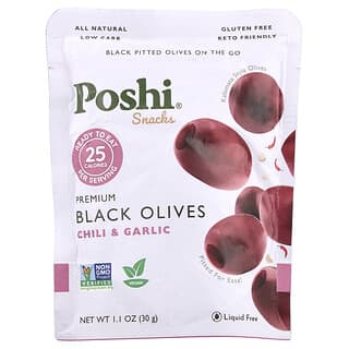 Poshi, Snacks, Aceitunas negras prémiums, Chile y ajo, 30 g (1,1 oz)