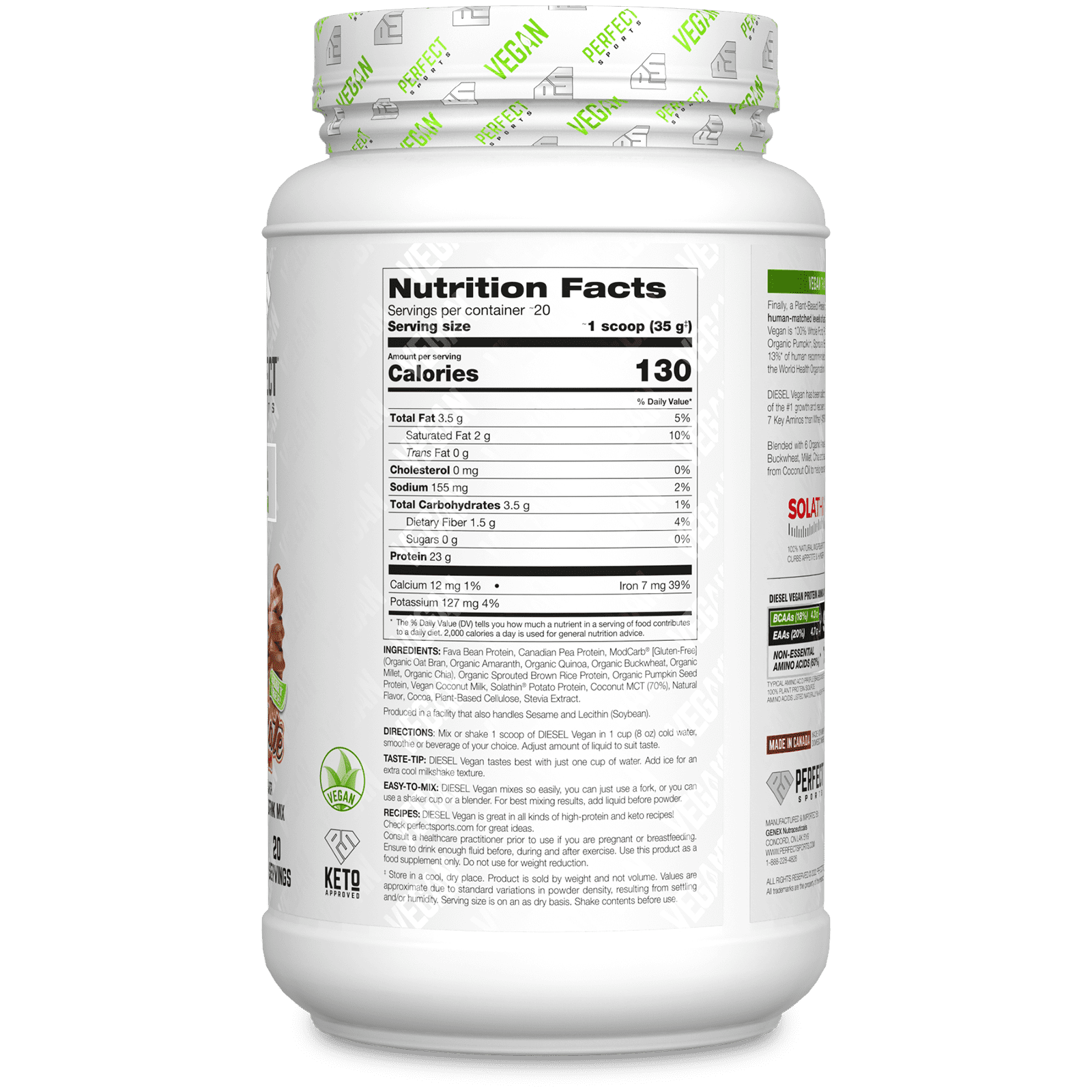 PERFECT Sports, Vegan Diesel, 100 PlantBased Protein Blend, Chocolate Ice Cream, 1.5 lb (700 g)