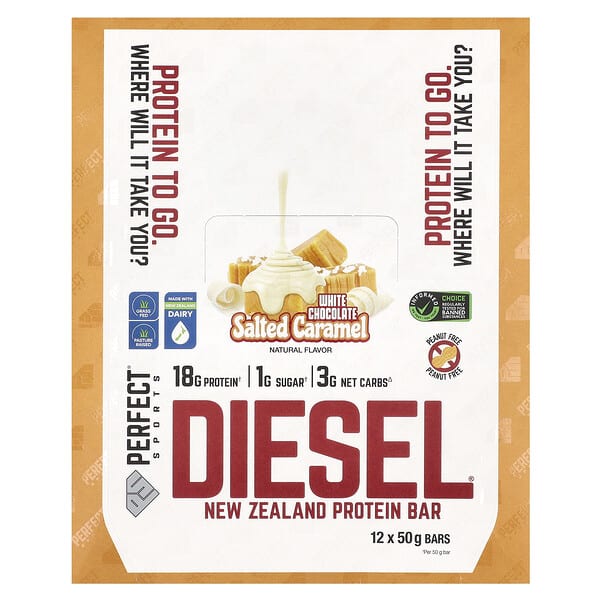 Diesel, New Zealand Protein Bar, White Chocolate Salted Caramel, 12 Bars, 50 g Each