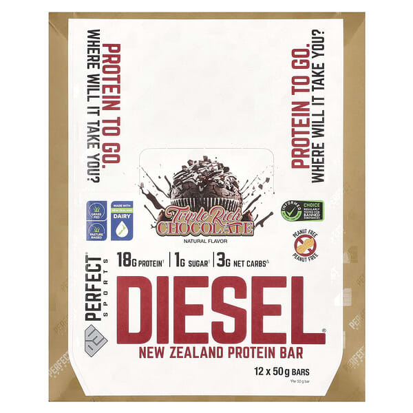 PERFECT Sports, Diesel, New Zealand Protein Bar, Triple Rich Chocolate, 12 Bars, 50 g Each