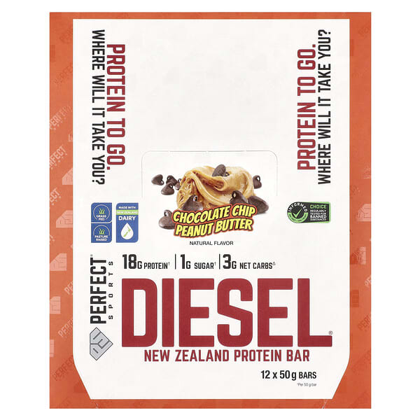 PERFECT Sports, Diesel, New Zealand Protein Bar, Chocolate Chip Peanut Butter, 12 Bars, 50 g Each
