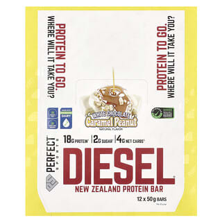PERFECT Sports, Diesel, New Zealand Protein Bar, White Chocolate Caramel Peanut, 12 Bars, 50 g Each