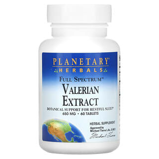 Planetary Herbals, Extracto de valeriana, espectro completo, 650 mg, 60 comprimidos