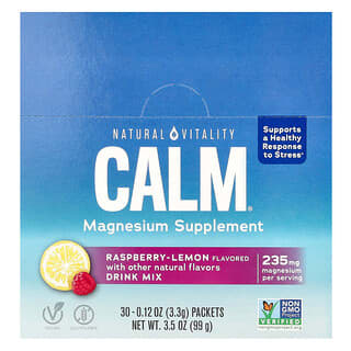 Natural Vitality, Calm, Magnesium Supplement Drink Mix, Trinkmischung mit Magnesium-Ergänzungsmittel, Himbeer-Zitrone, 30 Päckchen, je 3,3 g (0,12 oz.).