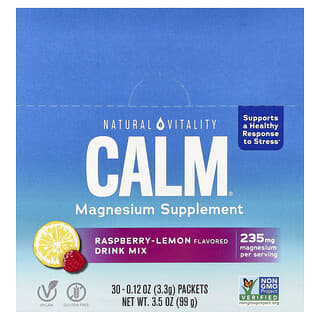 Natural Vitality‏, ®CALM, תערובת להכנת משקה מגנזיום, פטל-לימון, 30 שקיקים, 3.3 גרם (0.12 אונקיות) כל אחד