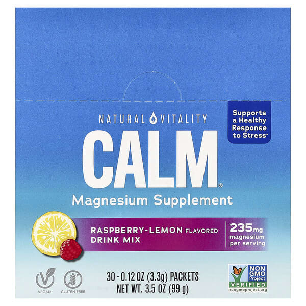Natural Vitality, CALM®, Magnesium Supplement Drink Mix, Raspberry-Lemon, 30 Packets, 0.12 oz (3.3 g) Each — product photo 1