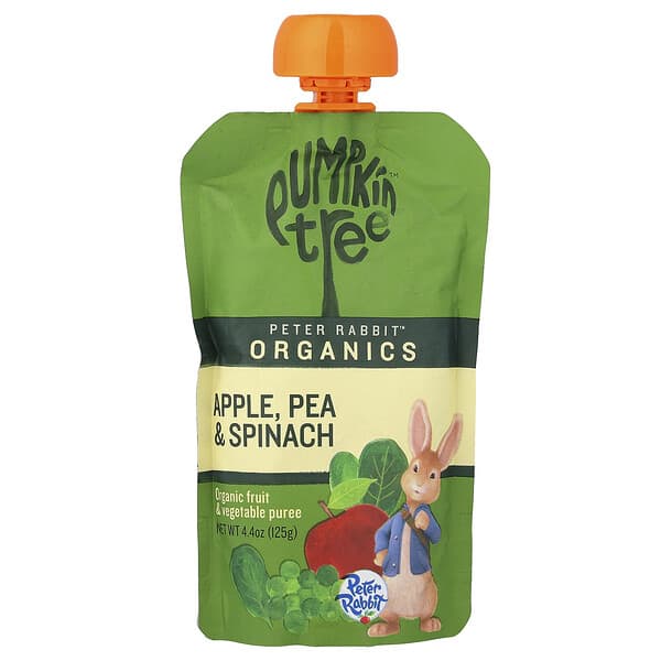 Pumpkin Tree Organics, 피터 래빗 오가닉스, 유기농 과일 및 채소 퓨레, 사과, 완두콩 및 시금치 맛, 125g(4.4oz)