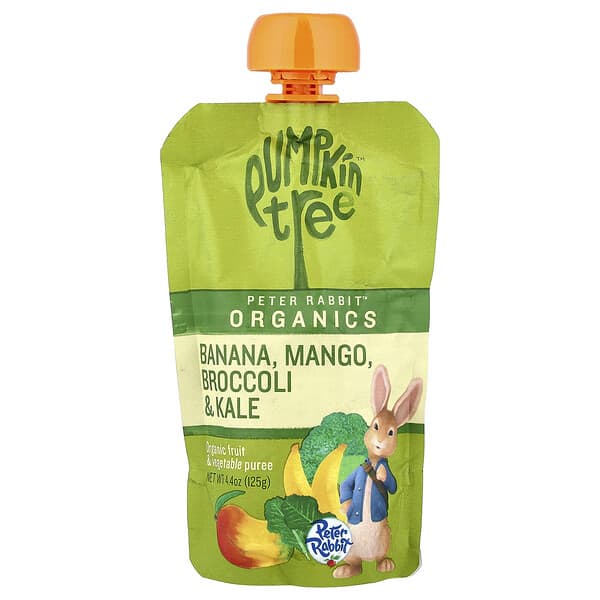 Pumpkin Tree Organics, 피터 래빗 오가닉스, 유기농 과일 및 채소 퓨레, 바나나, 망고, 브로콜리 및 케일, 125g(4.4oz)