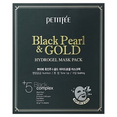 Petitfee, Paquete de mascarillas de hidrogel de perlas negras y doradas, 5 mascarillas, 32 g cada una