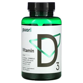 Puori, Vitamina D3, 62,5 mcg (2500 UI), 120 cápsulas blandas