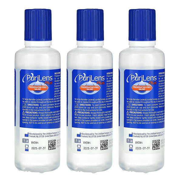 Purilens, Plus 無防腐劑生理鹽水，3 瓶，每瓶 4 液量盎司（120 毫升）
