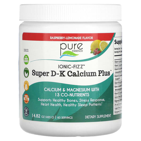 Pure Essence, Ionic-Fizz™ Super D-K Calcium Plus™ 含鈣營養粉，樹莓檸檬汽水味，14.82 盎司（420 克）