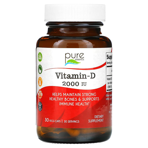 Pure Essence, Vitamin-D, 2,000 IU, 30 Vegi-Caps