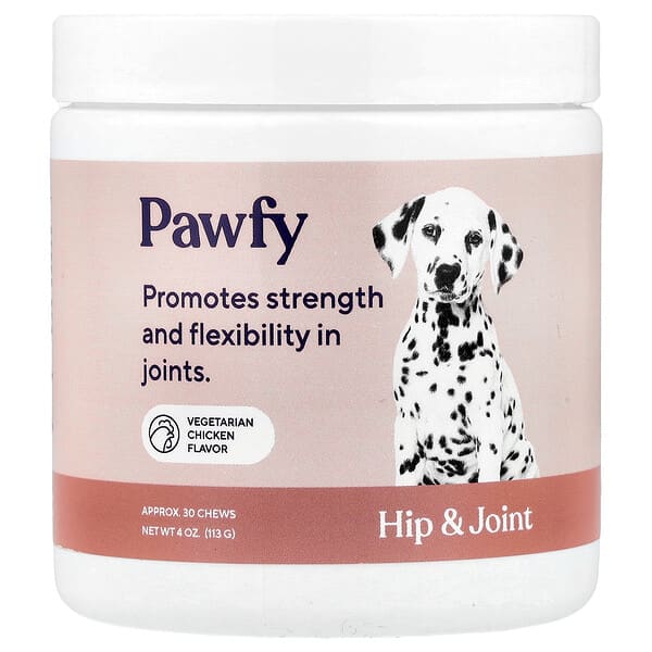 Pawfy, Heup & Gewricht, 6 maanden+, Vegetarische Kip, 30 kauwtabletten, 113 g