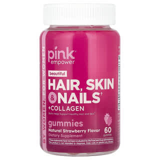 Pink, Beautiful, Hair, Skin & Nails + Collagen, Natural Strawberry, 60 Gummies