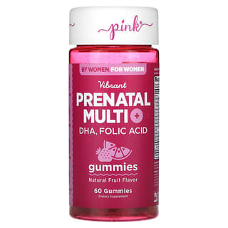 Pink, Multivitamines prénatales vibrantes + DHA, Acide folique, Fruits naturels, 60 gommes
