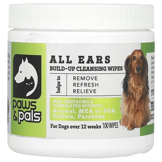 Paws & Pals‏, תוסף התזונה All Ears, מגבוני Build-Up לניקוי, לכלבים, 100 מגבונים