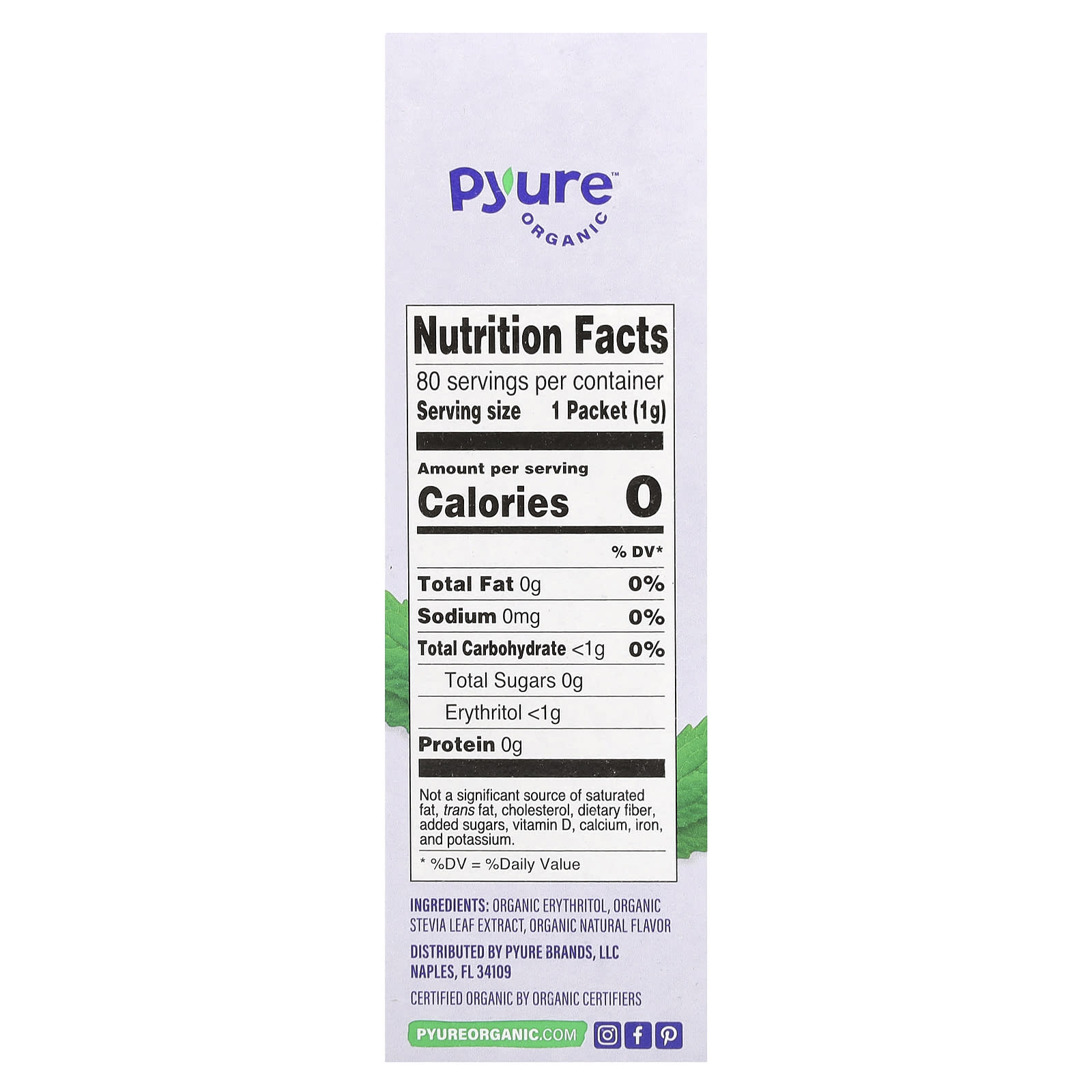 Pyure, Organic Granular Stevia Sweetener, 80 Packets, 0.035 oz (1 g) Each