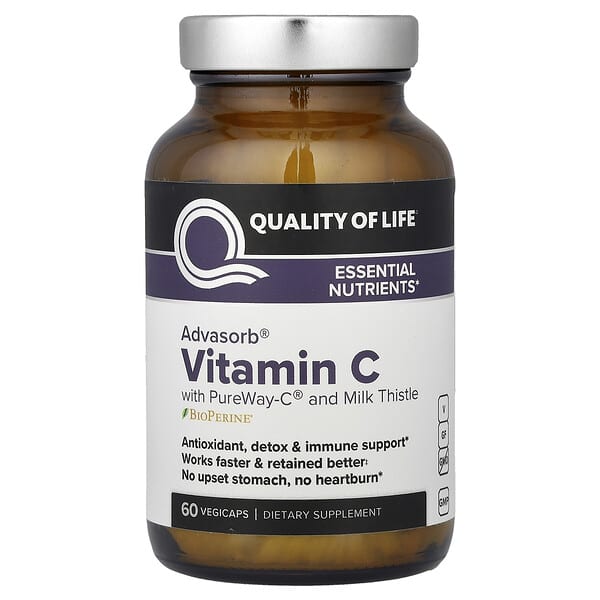 Quality of Life, Advasorb® 비타민C, PureWay-C® 및 밀크시슬 함유, 베지 캡슐 60정