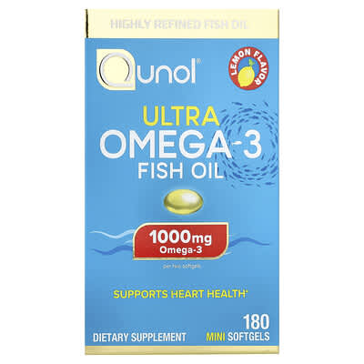 Qunol, Ultra Omega-3 Fish Oil, Lemon, 180 Mini Softgels (500 mg per Softgel) Qunol, Ultra Omega-3 Fish Oil, Lemon, 180 Mini Softgels (500 mg per Softgel)