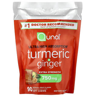 Qunol, Curcuma + Gingembre, Fruits exotiques, 90 friandises à mâcher (375 mg pièce)