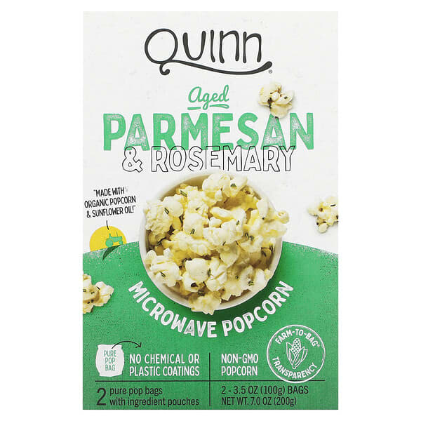 Quinn Popcorn‏, فشار يُعد في الميكروويف، جبن بارميزان معتق وإكليل الجبل، كيسان، 3.5 أونصة (100 جم) لكل كيس