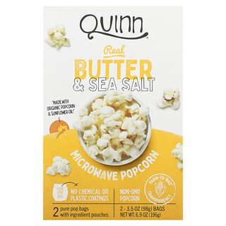 Quinn Popcorn, فشار يُعد في الميكروويف، بالزبدة الطبيعية وملح البحر، كيسان، 3.5 أونصات (98 جم) لكل كيس