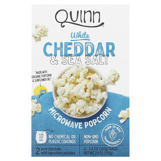 Quinn Popcorn, فشار يُعد في الميكروويف، بالجبنة الشيدر البيضاء وملح البحر، كيسين 3.5 أونصات (100 جم) لكل منهما