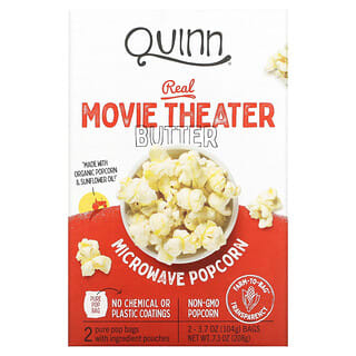 Quinn Popcorn, Palomitas de maíz para microondas, Verdadera mantequilla de cine, 2 bolsas, 104 g (3,7 oz) cada una