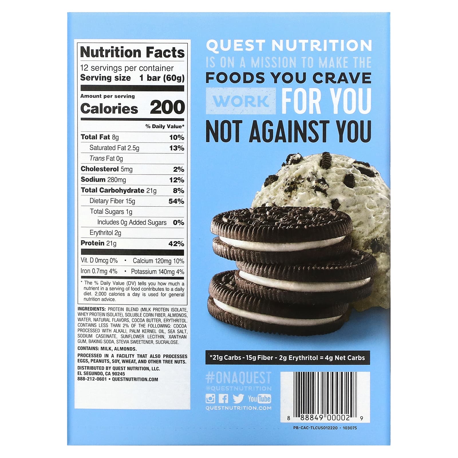 Quest Nutrition, プロテインバー、クッキー  クリーム、12本、各2.12オンス (60 g)