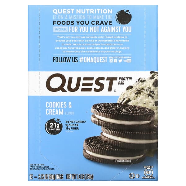 Quest Nutrition‏, חטיף חלבונים, קרם עוגיות, 12 חטיפים, 60 גר' (2.12 oz) כל אחד