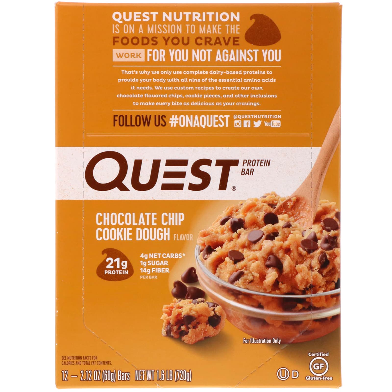 Quest Nutrition, Protein Bar, Chocolate Chip Cookie Dough, 12 Bars, 2.
